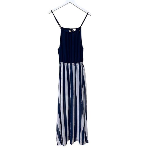 Navy Blue White Tie Back Striped Nautical Euro Summer Vacation Maxi Dress Size S - Picture 1 of 14